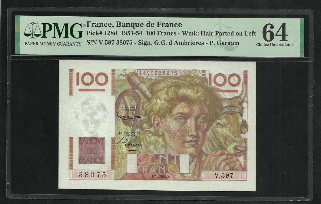 France : 100 Francs Paysan (1-4-1954) ; PMG : Choice Unc 64