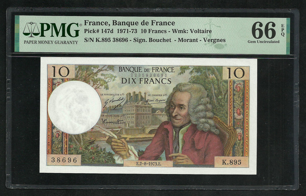 France : 10 Francs Voltaire (2-8-1973) ; PMG : Gem UNC 66 ; EPQ