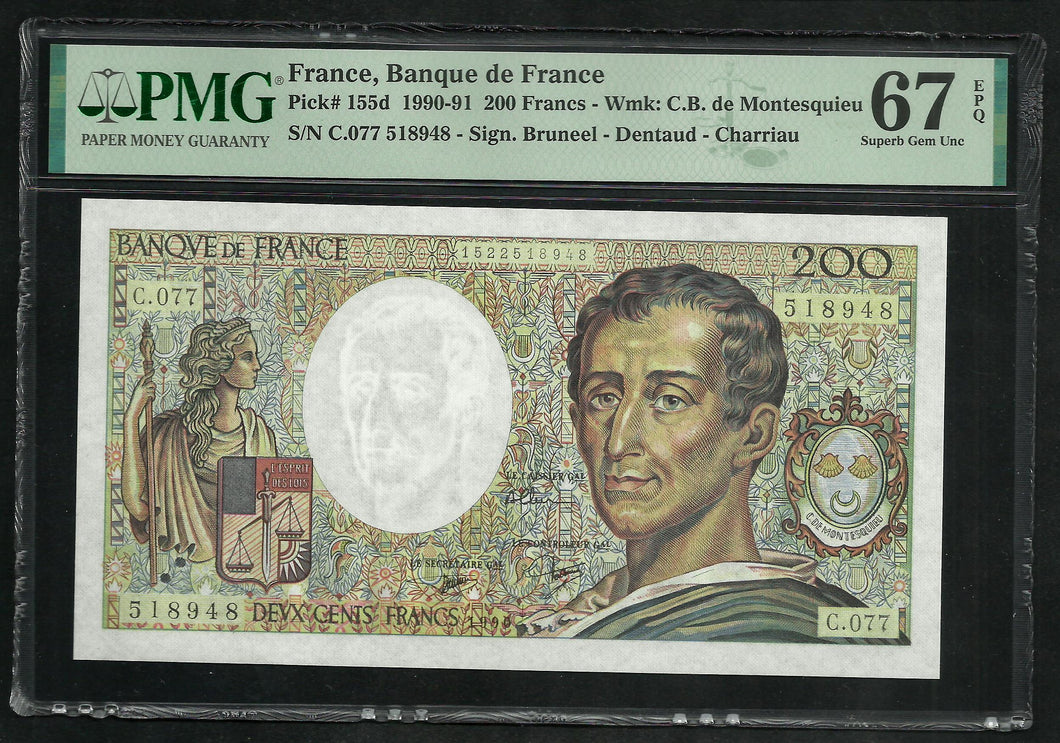 France : 200 Francs Montesquieu 1990 ; PMG : Superb Gem UNC 67 ; EPQ