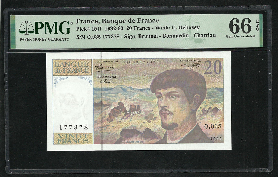 France : 20 Francs Debussy 1992 ; PMG : Gem UNC 66 ; EPQ