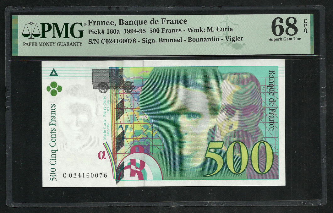 France : 500 Francs Curie 1994 ; PMG : Superb Gem UNC 68 ; EPQ