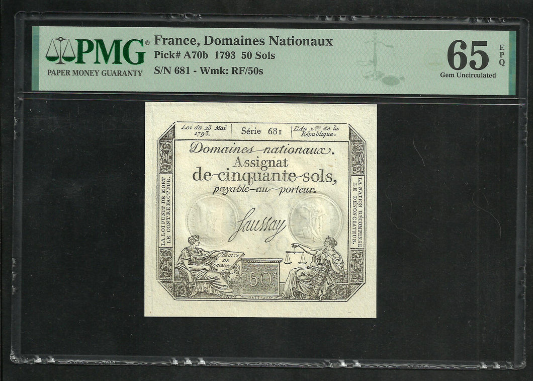 France : 50 Sols 1793 ; Pick A70b ; PMG : Gem UNC 65 ; EPQ (Ref 210)