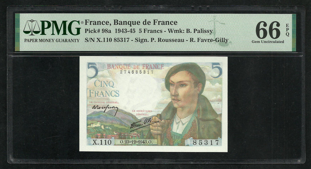 France : 5 Francs Berger (23-12-1943) ; PMG : Gem UNC 66 ; EPQ
