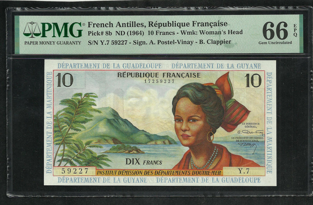 French Antilles : 10 Francs 1964 ; PMG : Choice UNC 66 ; EPQ (Ref 206)