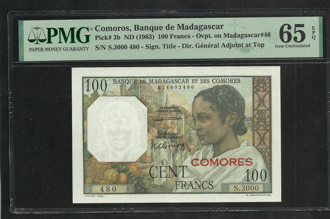 Comoros : 100 Francs 1963 ; PMG : Gem UNC 65 ; EPQ (Ref 207)