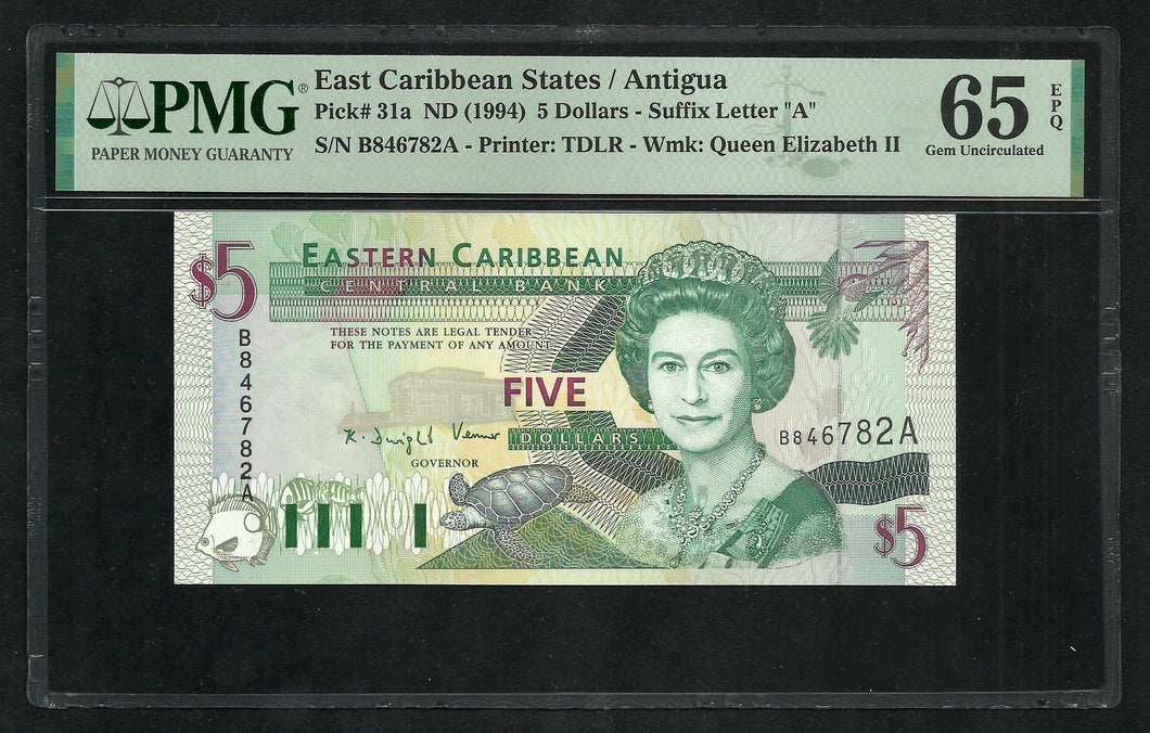 East Caribbean / Antigua : 5 Dollars 1994 P31a ; PMG : Gem UNC 65 ; EPQ