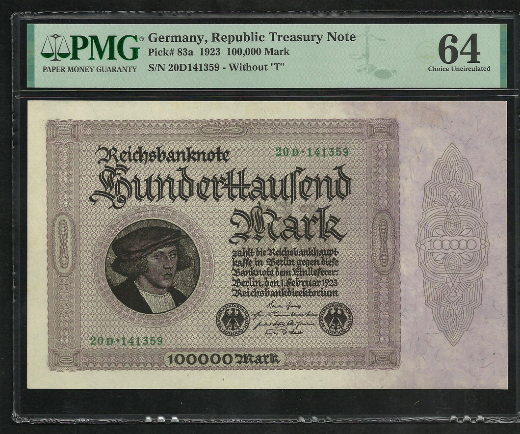 Germany : 100000 Mark 1923 ; PMG : Choice UNC 64 ; EPQ (Ref 150)