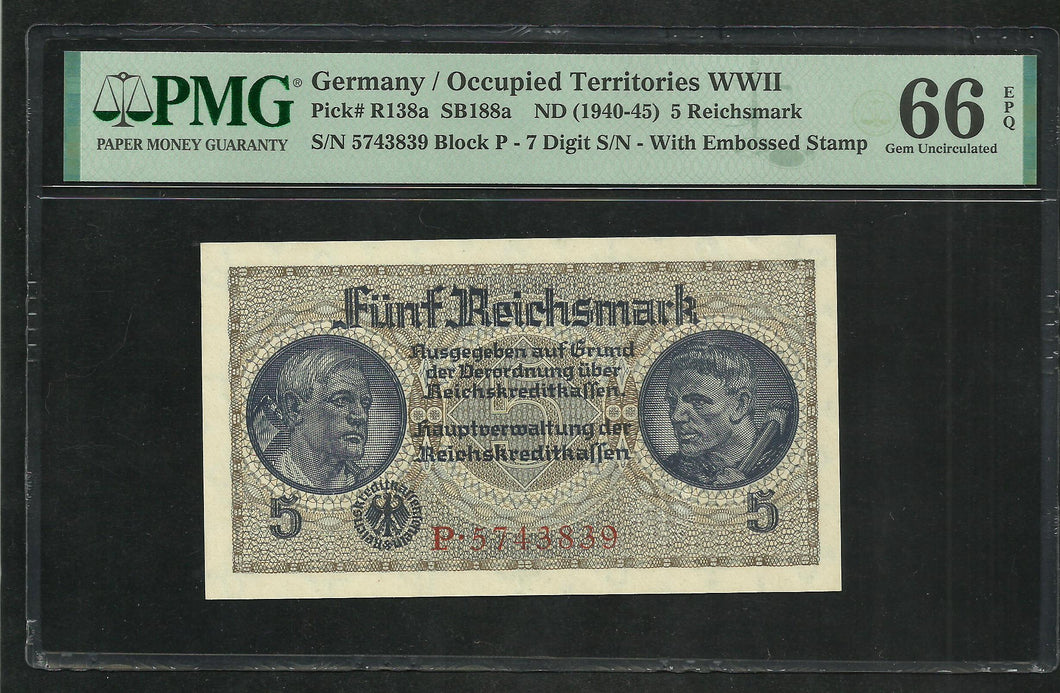 Germany : 5 Reichsmark 1940-45 ; PMG : Gem UNC 66 ; EPQ (Ref 154)