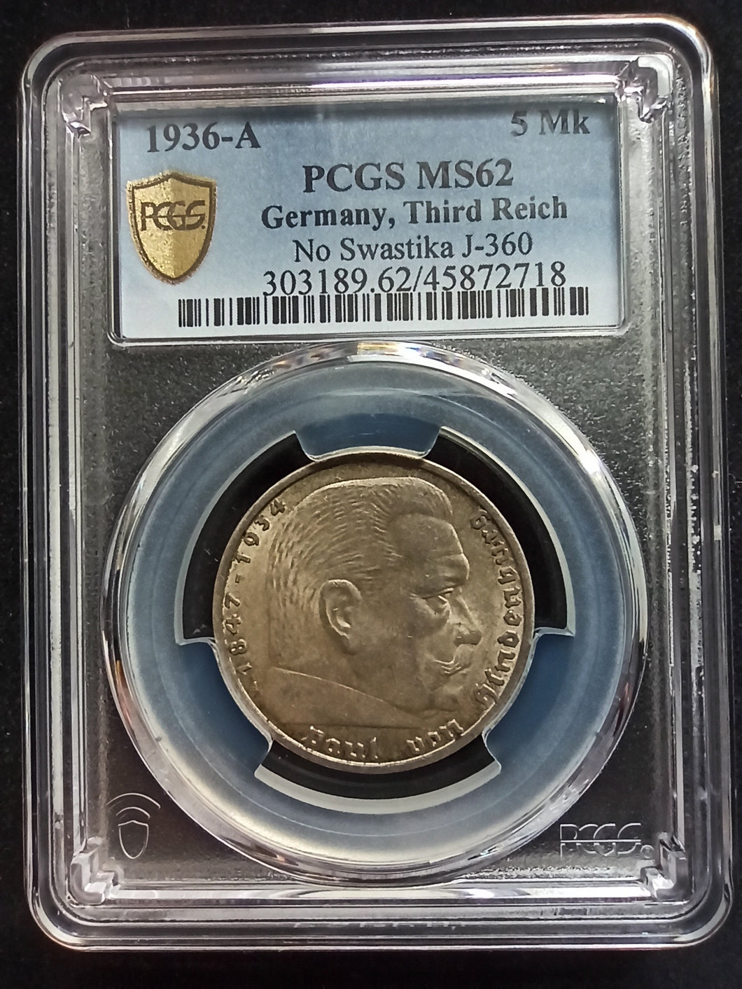 Germany : 5 Reichsmark Silver 1936 A ; PCGS : MS 62