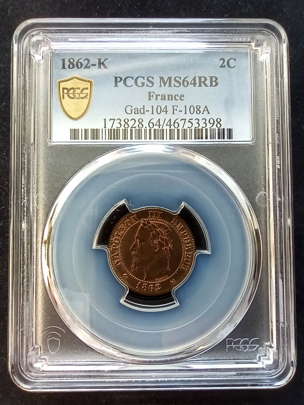 2 Centimes Napoleon III 1862 K ; PCGS : MS 64