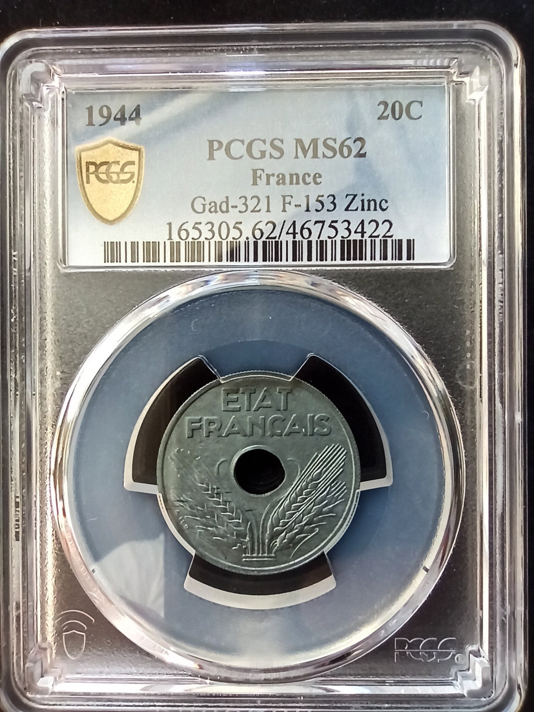 France : 20 Centimes Zinc 1944 ; PCGS : MS 64