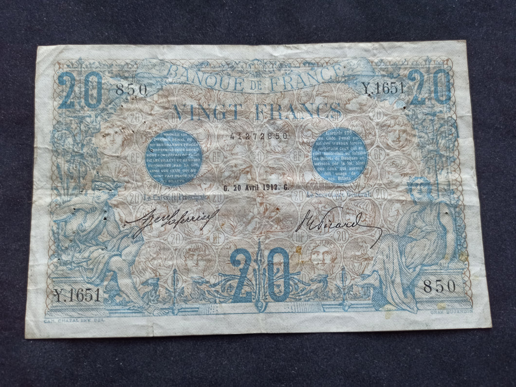 20 Francs Bleu (20 Avril 1912) (Ref 416)