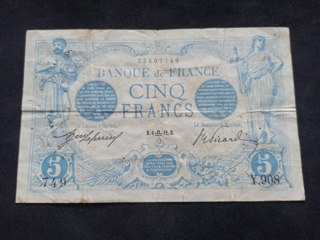 5 Francs Bleu 6 Septembre 1912 (Ref 664)