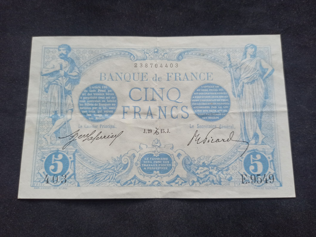 5 Francs Bleu 29 Décembre 1915 (Ref 665)