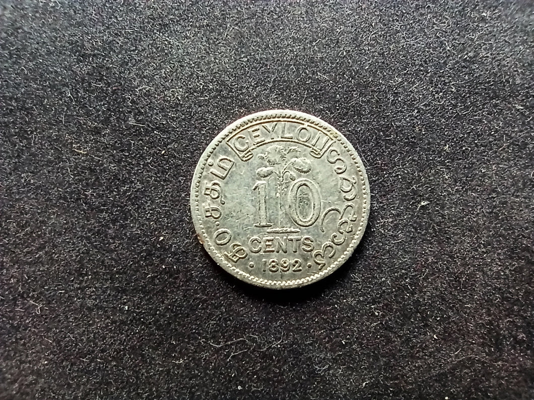 Ceylon : 10 Cents 1892 Argent (Ref 726)