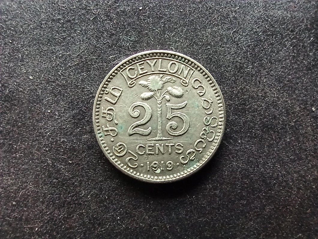 Ceylon : 25 Cents 1919 Argent (Ref 729)