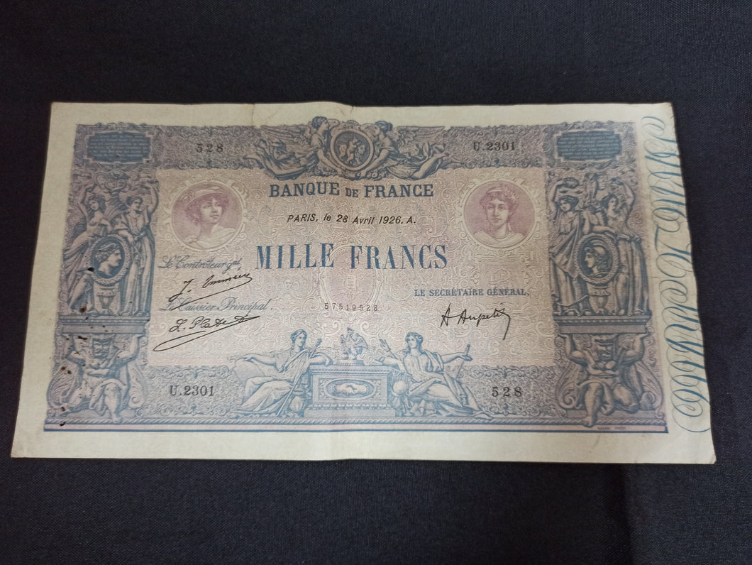 1000 Francs Bleu & Rose 28 Avril 1926 (Ref 1009)