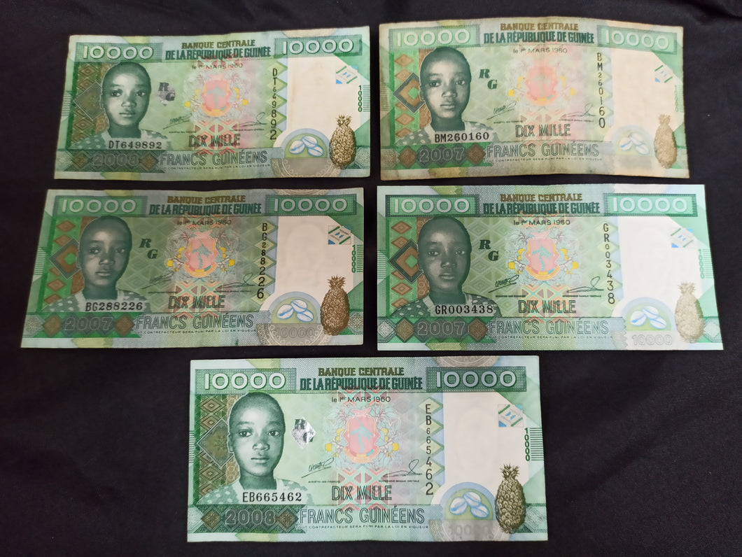 Guinée : Lot de 5 X 10000 Francs 2007 / 2008