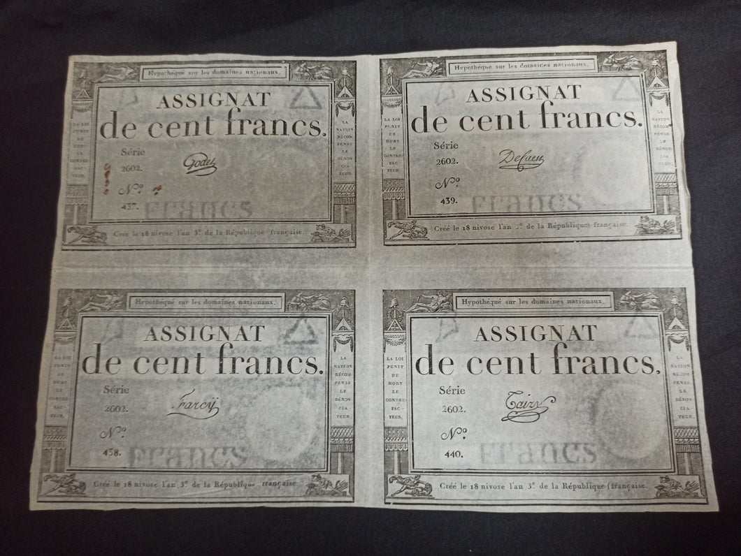 Planche de 4 Assignats de 100 Francs 18 Nivose An 3 (Ref 1319)