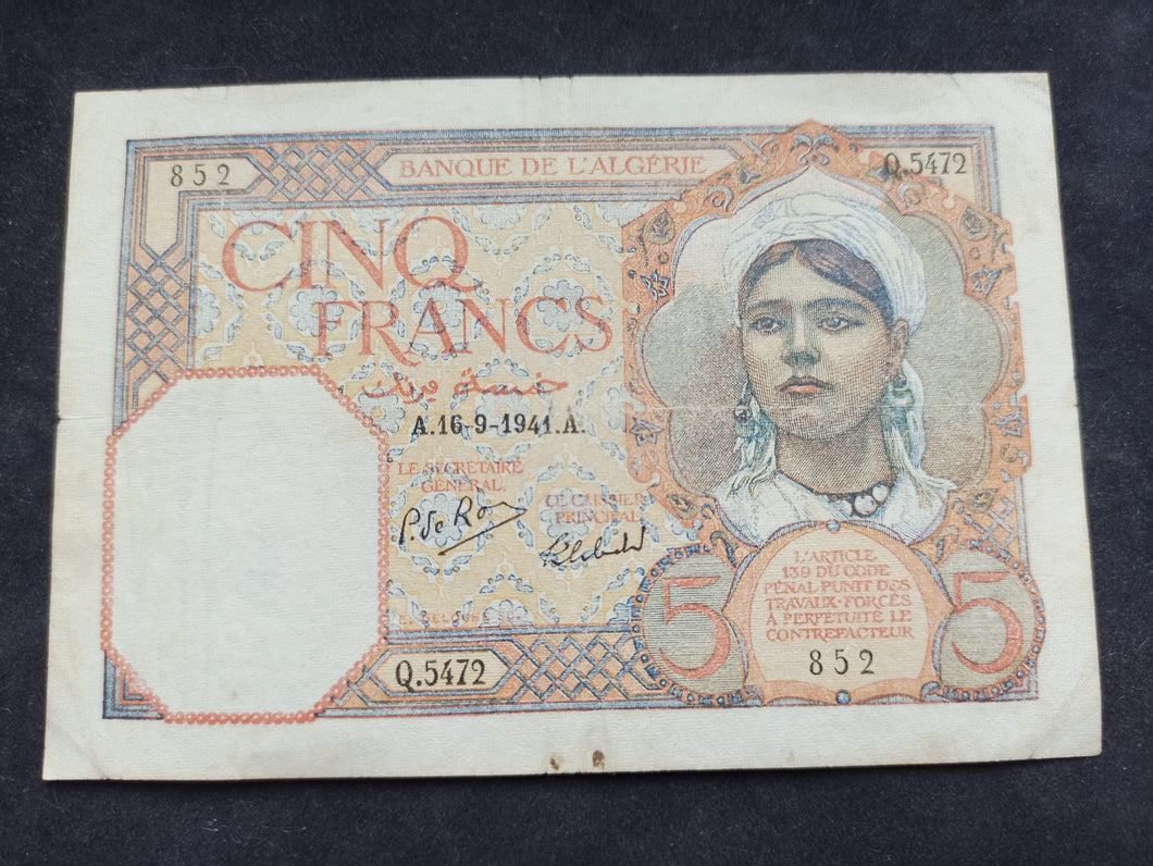 Algérie : 5 Francs 1941 (Ref 1337)