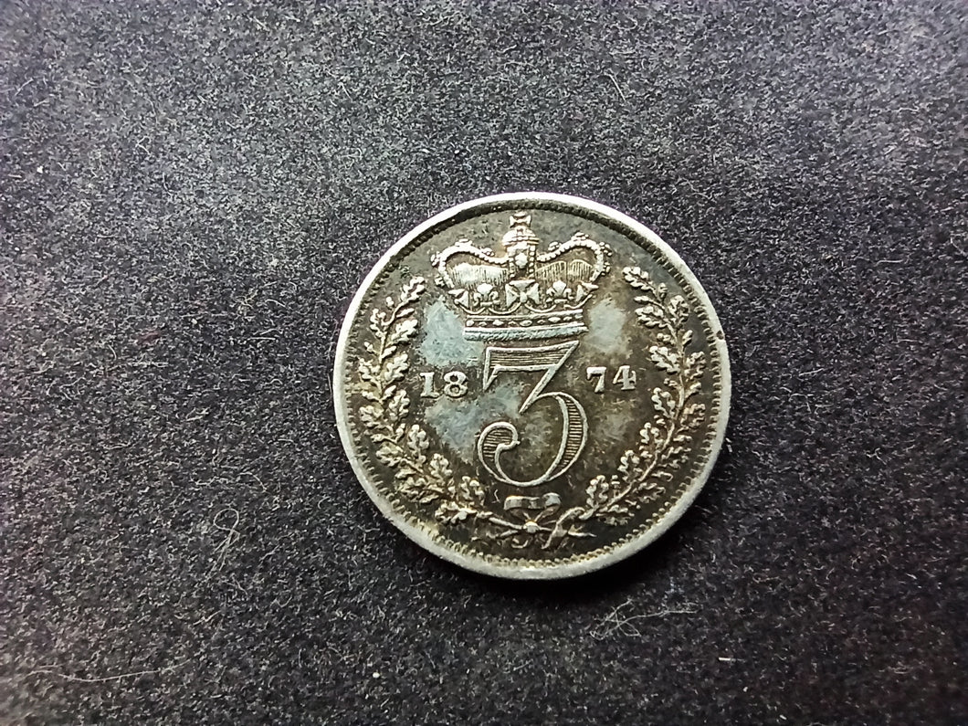 Royaume-Uni : 3 Pence Argent 1874 ; Qualité (Ref 1525)