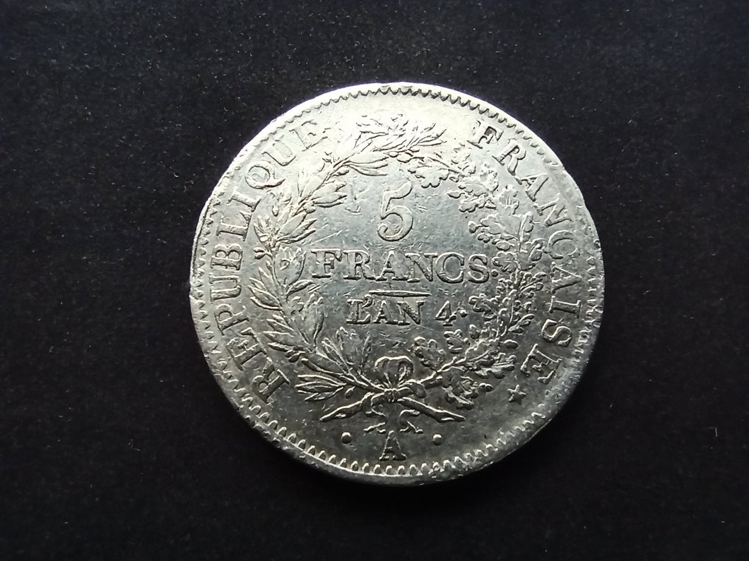 5 Francs Argent Union & Force An 4 A ; Union Serré, avec Virole (F287) (Ref 1558)