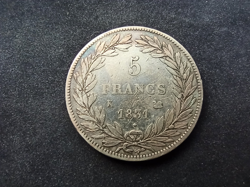 5 Francs Argent Louis Philippe Tête Nue 1831 K ; Tr Creux (Ref 1574)