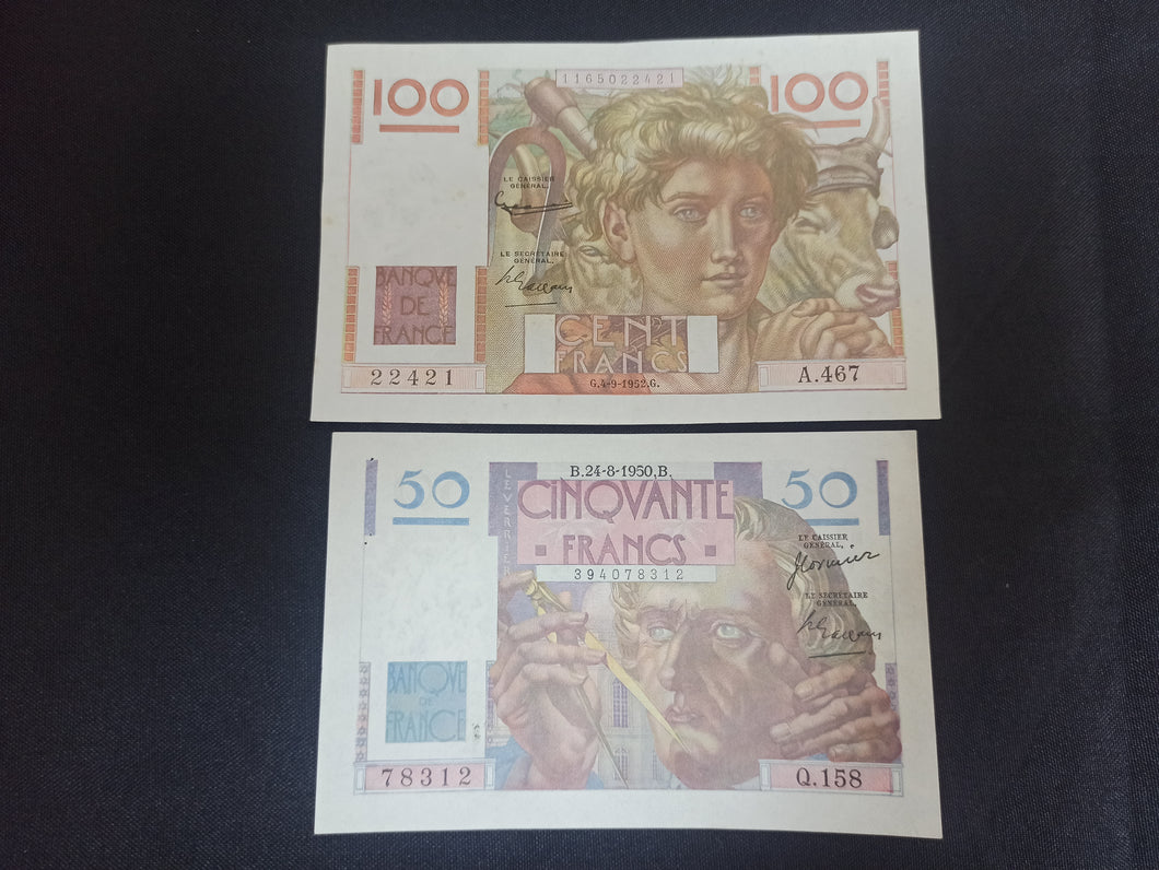 Lot 2 Billets : 100 Francs Paysan & 50 Francs Verrier Superbe Qualité