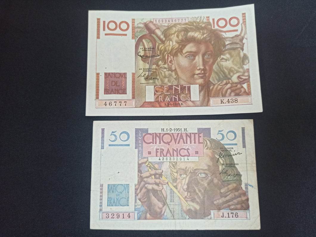 Lot 2 Billets : 100 Francs Paysan & 50 Francs Verrier