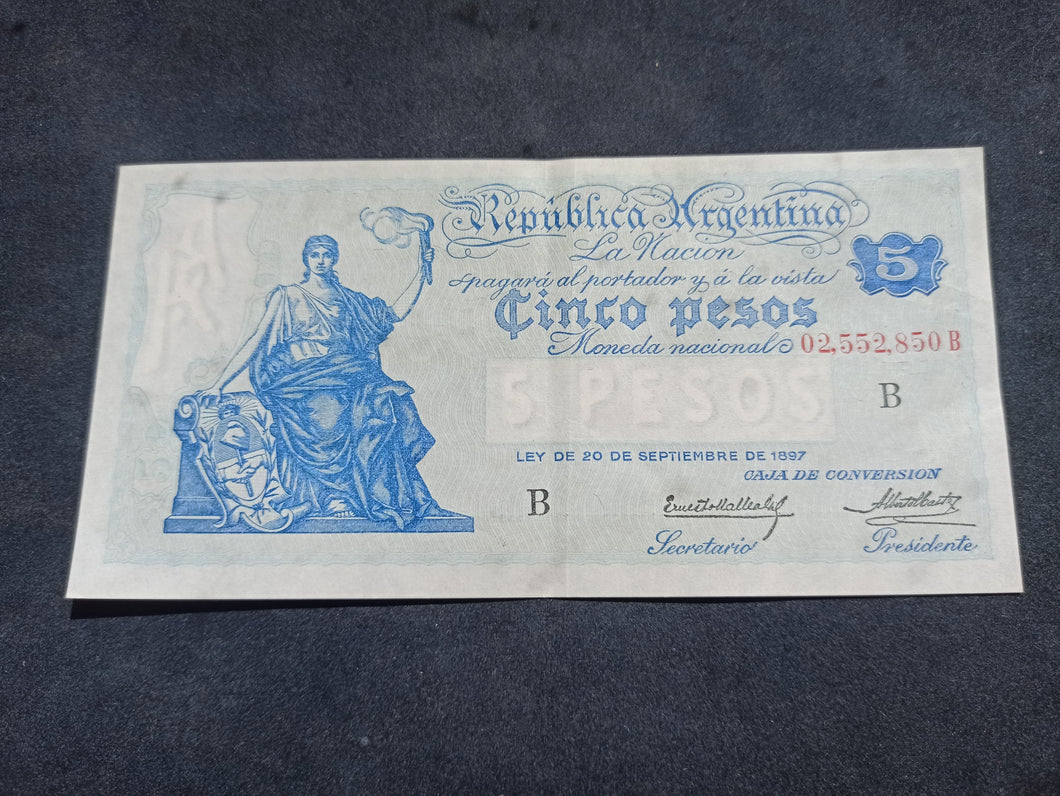 Argentine : 5 pesos 1897 (1925-32) Serie B (Ref 1818)