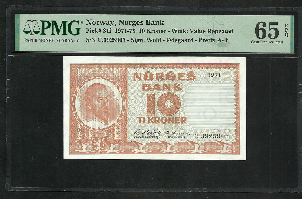 Norway : 10 Kroner 1971 ; PMG : Gem UNC 65 ; EPQ (Ref 159)