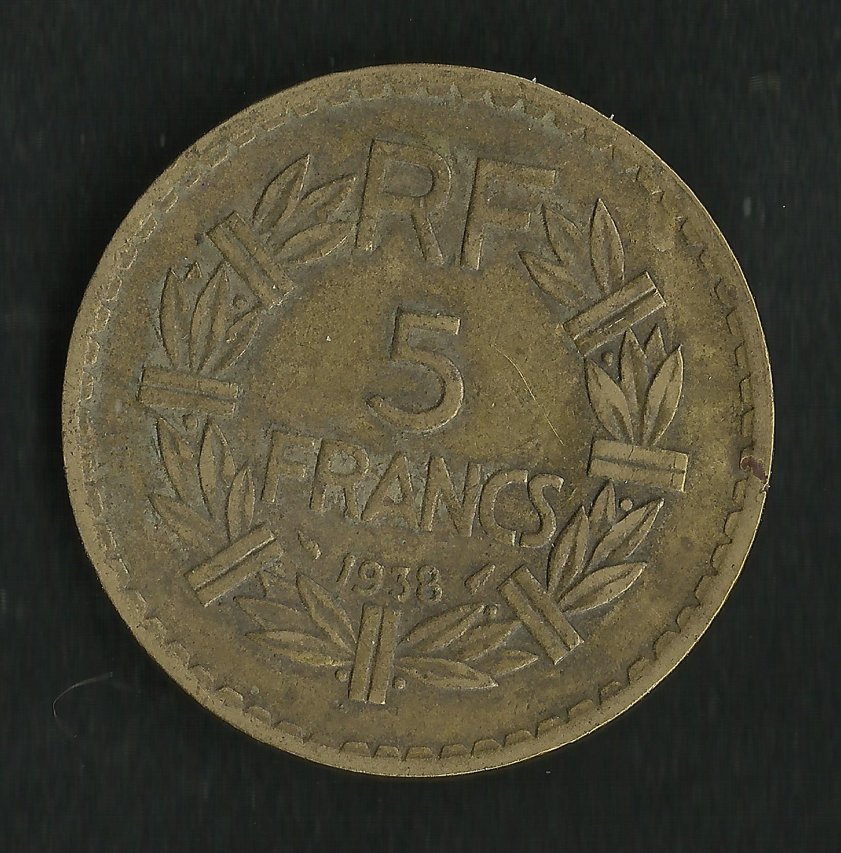 5 Francs Lavrillier 1938 Bronze-Alu - Pièce De Monnaie TB