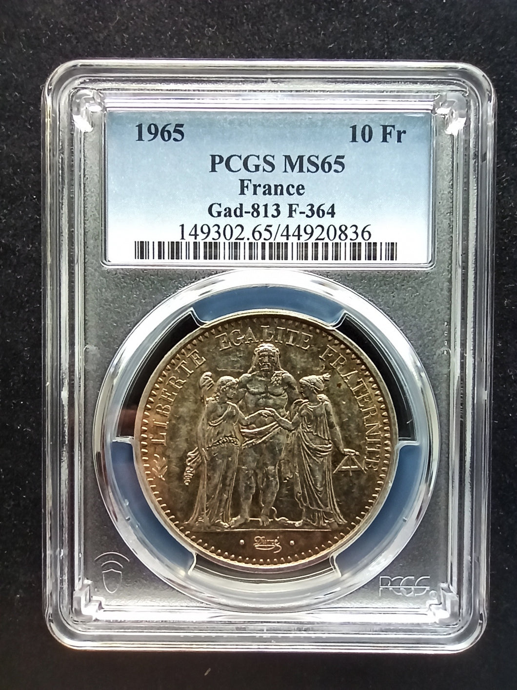 France : 10 Francs Silver Semeuse 1965 ; PCGS : MS 65