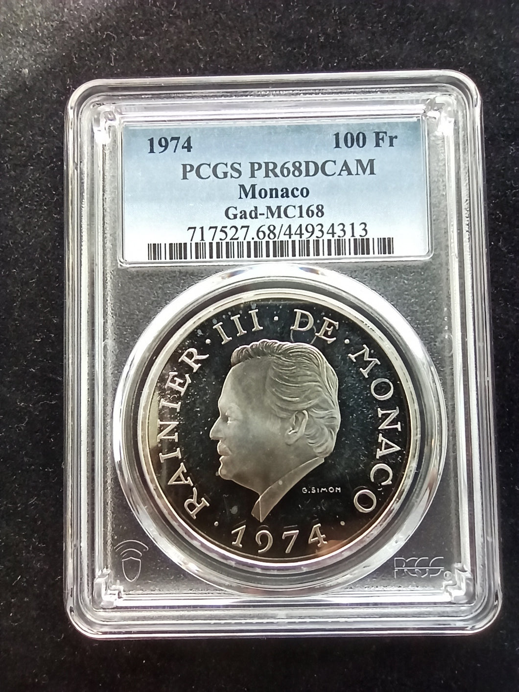 Monaco : 1000 Francs Silver 1974 Proof ; PCGS PR 68