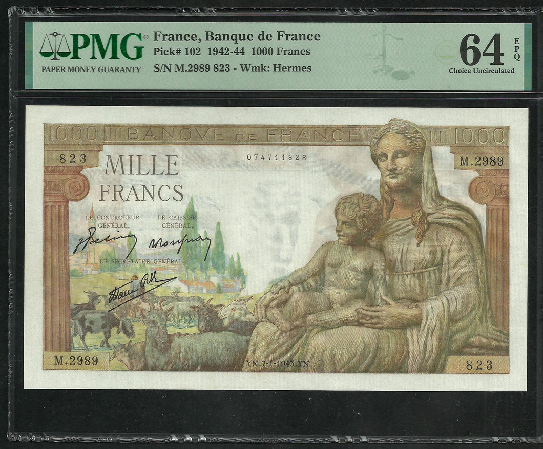 France : 1000 Francs Demeter 7-1-1943 ; PMG : Choice UNC 64 ; EPQ (Ref 1933)