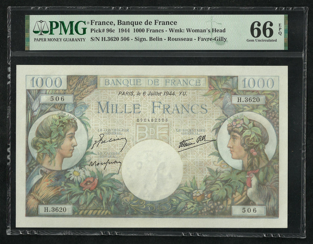 France : 1000 Francs Commerce & Industrie (6 July 1944) ; PMG : Gem UNC 66 ; EPQ