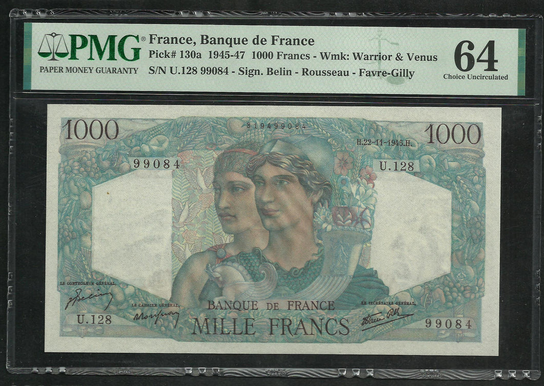 France : 1000 Francs Minerve 22-11-1945 ; PMG : Choice UNC 64 (Ref 1947)