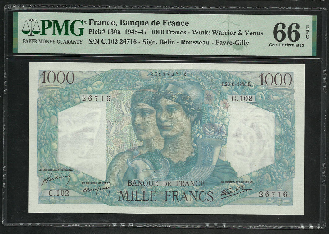 France : 1000 Francs Minerve 23-8-1945 ; PMG : Gem UNC 66 (Ref 1948)