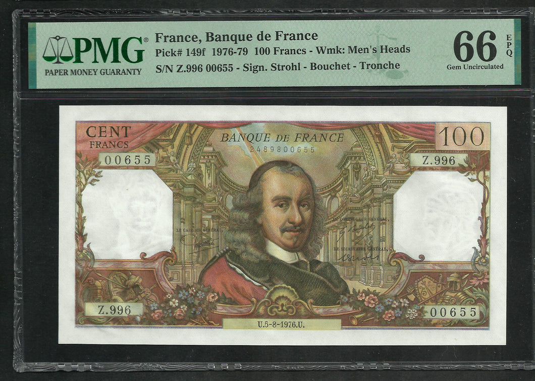 France : 100 Francs Corneille 5-8-1968 ; PMG : Gem UNC 66 ; EPQ (Ref 1942)
