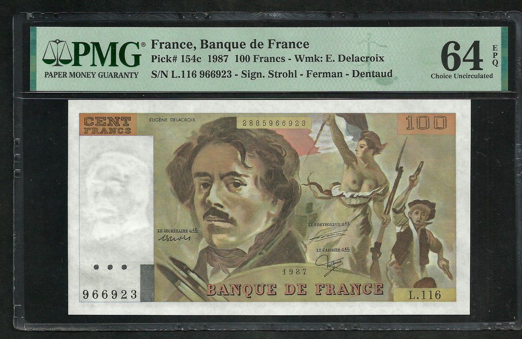 France : 100 Francs Delacroix 1987 ; PMG : Choice UNC 64 ; EPQ (Ref 1963)