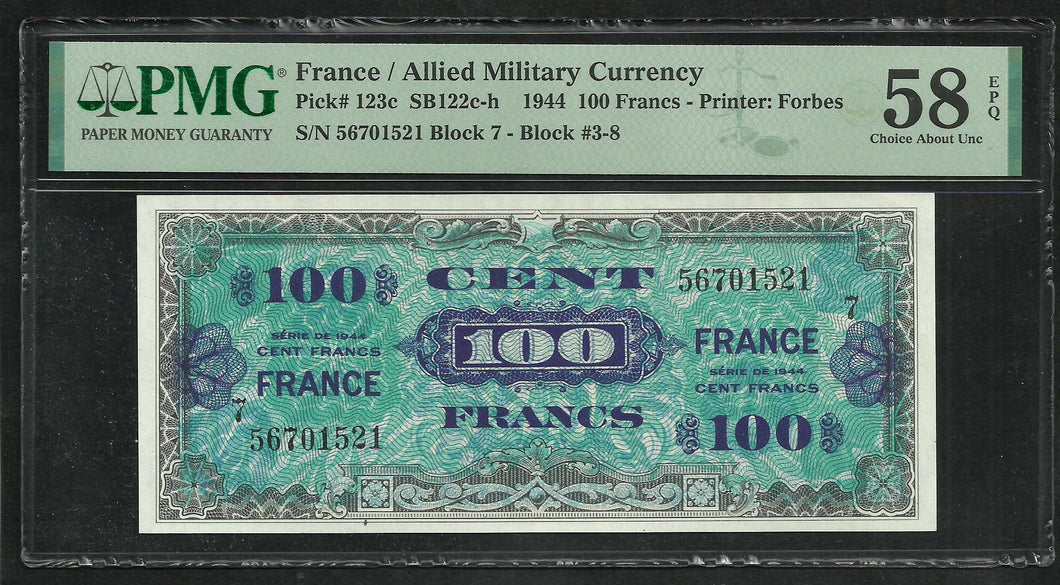 France : 100 Francs Allied Military 1944 ; PMG : Choice About UNC 58 (Ref 1944)