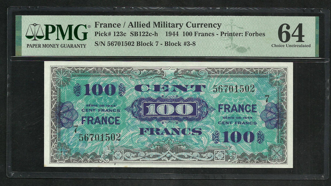 France : 100 Francs Allied Military 1944 ; PMG : Choice UNC 64 (Ref 1945)