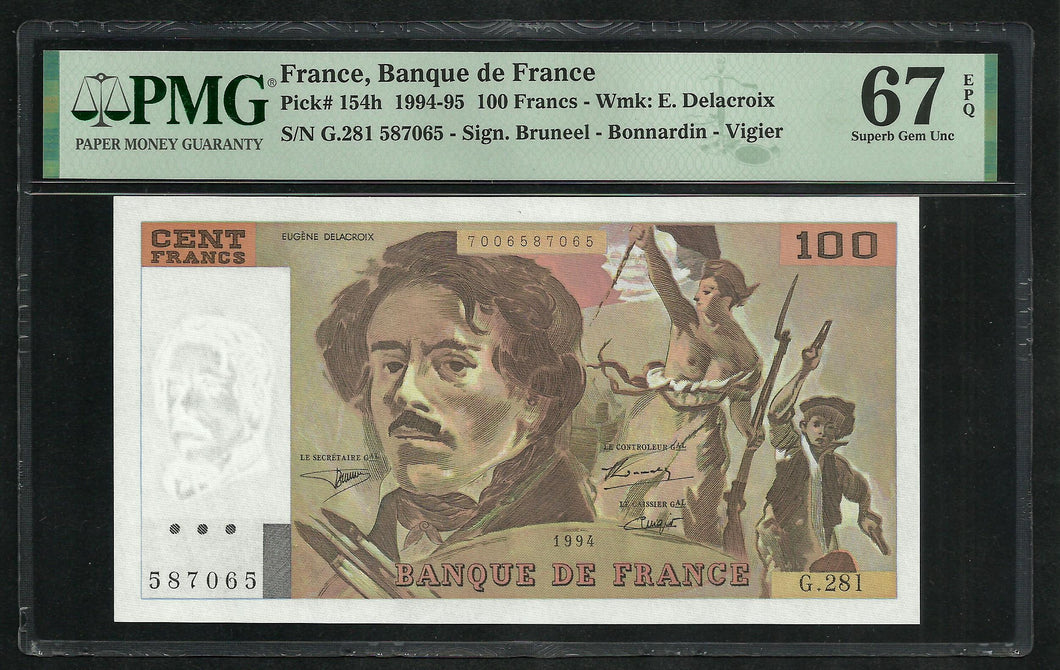 France : 100 Francs Delacroix 1993 ; PMG : Superb Gem UNC 67 ; EPQ