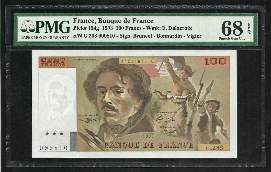 France : 100 Francs Delacroix 1993 ; PMG : Superb Gem UNC 68 ; EPQ