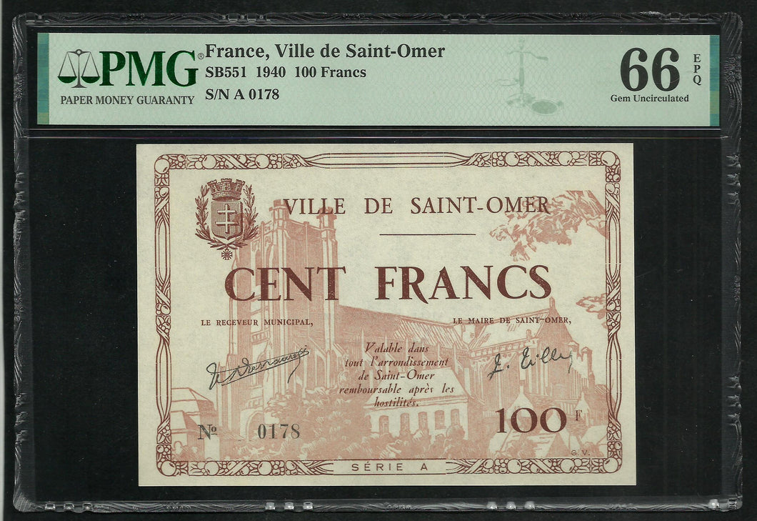 France : 100 Francs Saint Omer 1940 ; PMG : Gem UNC 66 ; EPQ