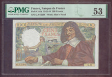Charger l'image dans la galerie, France : 100 Francs Descartes 1942 ; Pick 101a ; PMG : About UNC 53 (Ref 4131)
