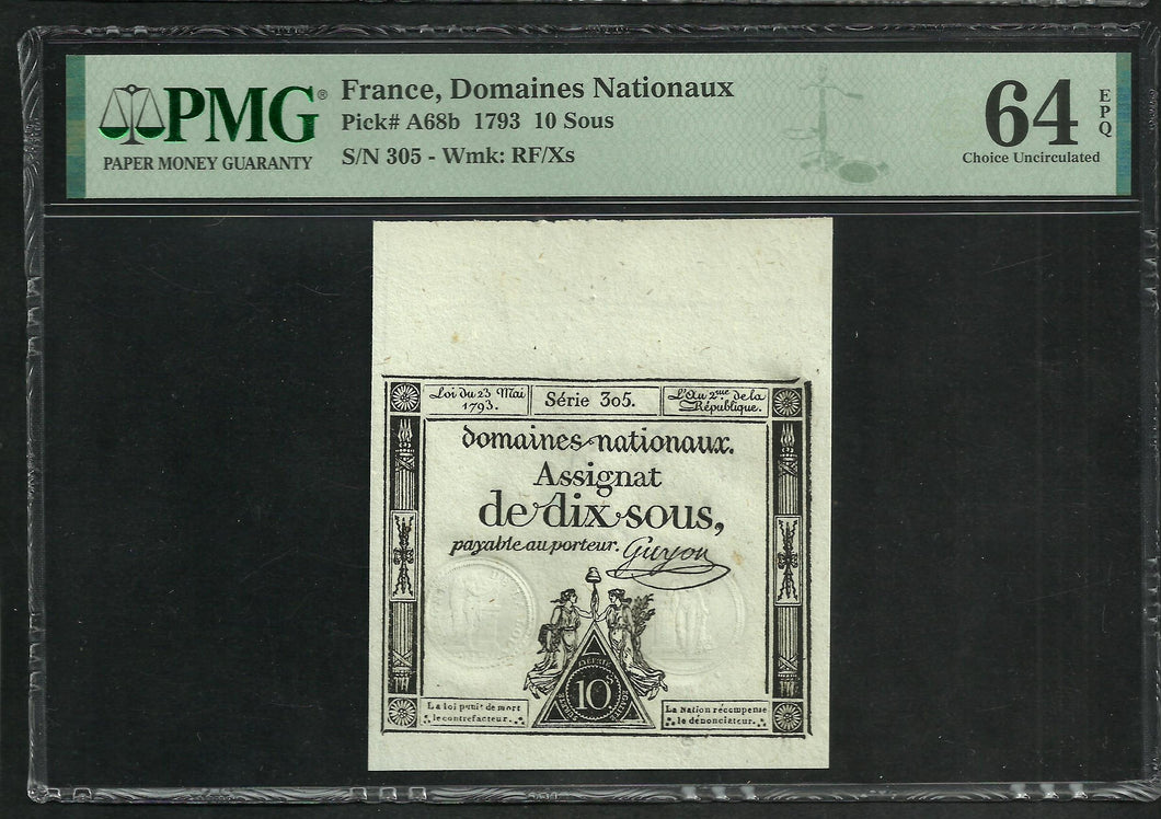 France : Assignat 10 Sous 23-05-1793 ; PMG : Choice UNC 64 ; EPQ (Ref 1976)