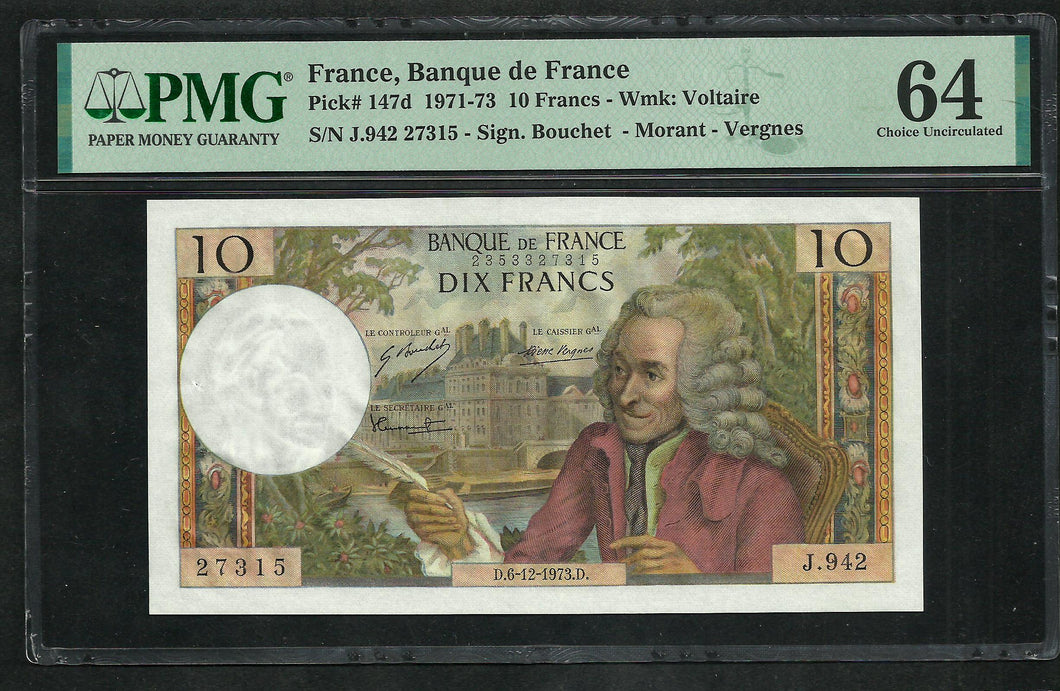France : 10 Francs Voltaire 6-12-1973 ; PMG : Choice UNC 64 (Ref 1949)