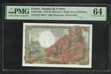 Charger l&#39;image dans la galerie, France : 20 Francs Pêcheur 28-1-1943 ; PMG : Choice UNC 64 ; EPQ (Ref 1969)
