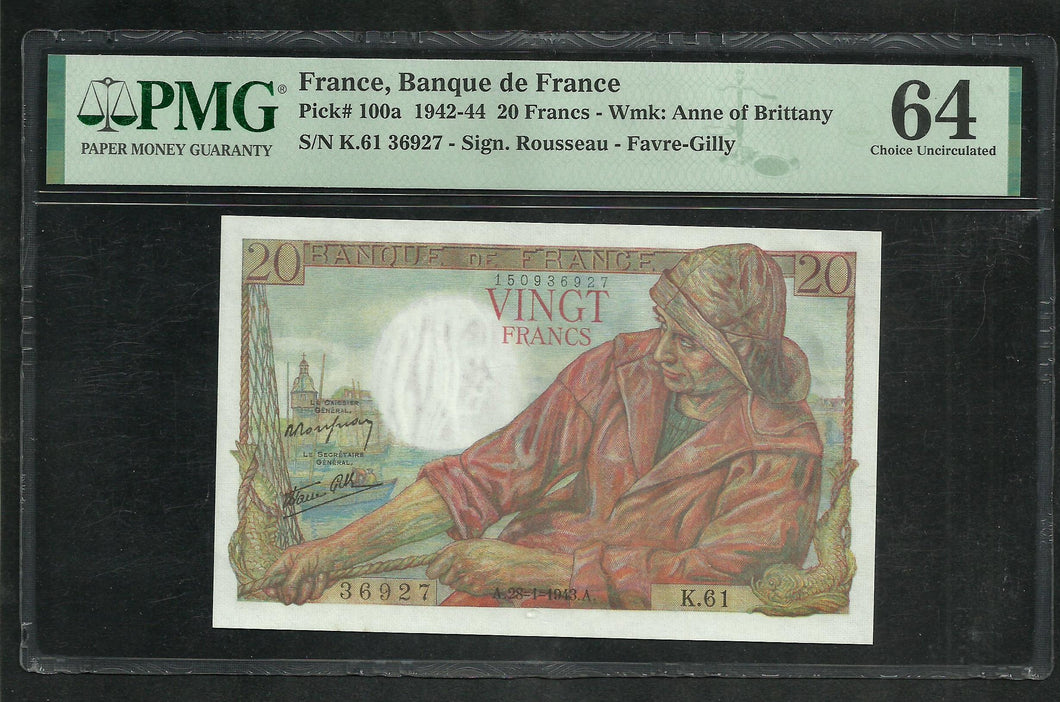 France : 20 Francs Pêcheur 28-1-1943 ; PMG : Choice UNC 64 ; EPQ (Ref 1969)